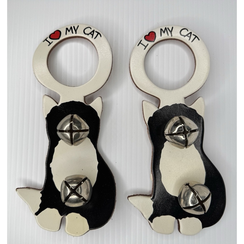I Love My Cat Bells Leather Door Hanger Belsnickel Bell People Black White NWT